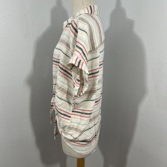 Weatherproof  Top Womens XL Washable Linen Stripe Tie Front Button up Blouse - Picture 2 of 8